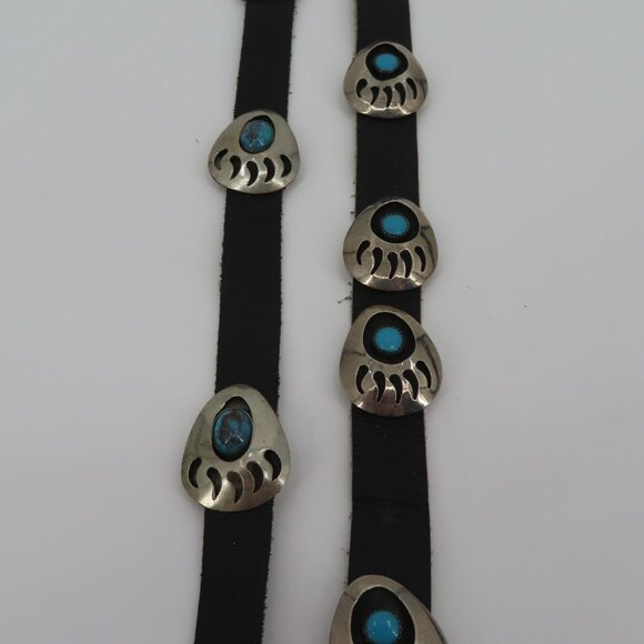 VTG Navajo Bear Paw Shadow Box Concho Belt 60in Long Silver Metal Black Leather